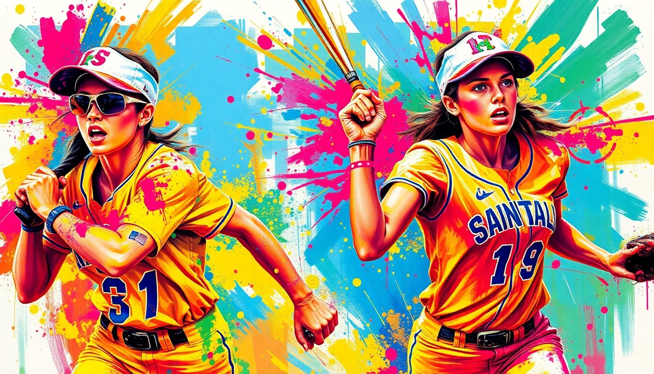 An abstract, expressionist painting featuring vibrant brushstrokes of neon colors, capturing the dynamic movements and raw energy of two female softball players in action.