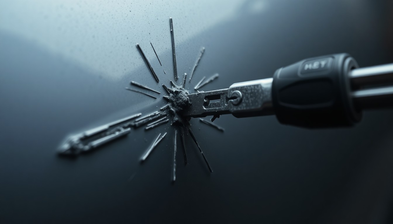An extreme close-up of a car key scratching the surface of a vehicle's painted metal panel, creating a stark, gritty, investigative aesthetic that conceptually illustrates an alleged act of vandalism at a medical facility.
