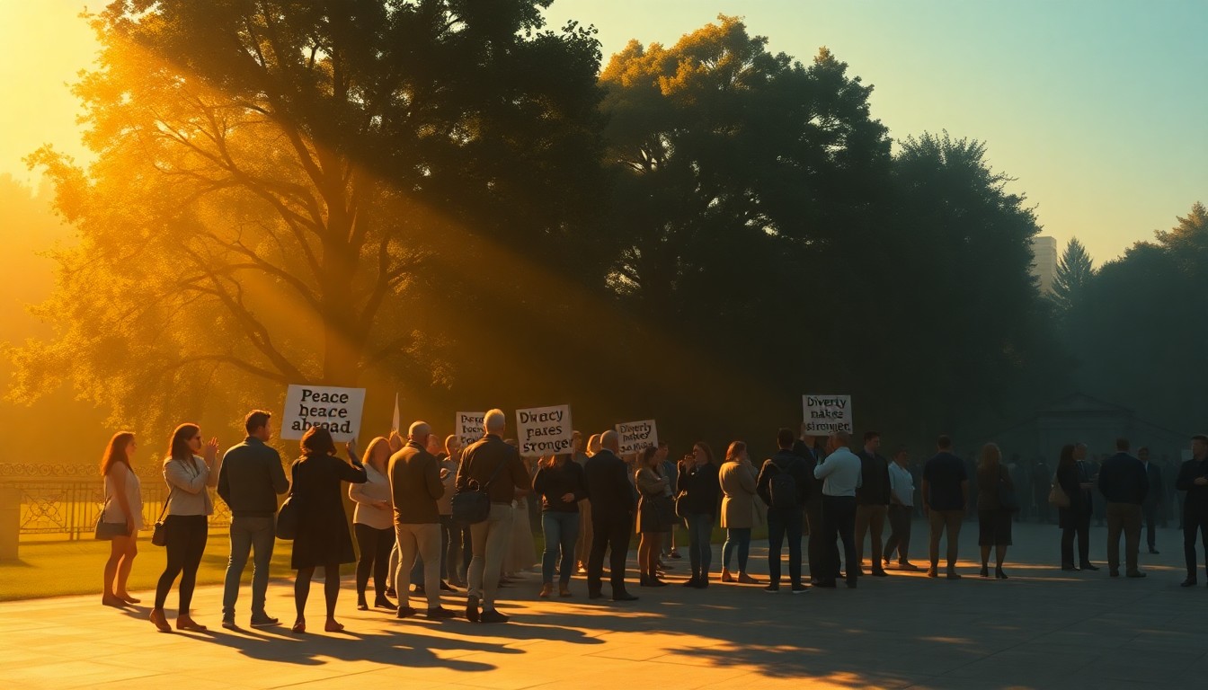 A serene, painterly scene of a group of people gathered in a public park, holding signs with messages about peace and diversity, bathed in warm sunlight and deep shadows, conveying a sense of civic engagement and community activism.