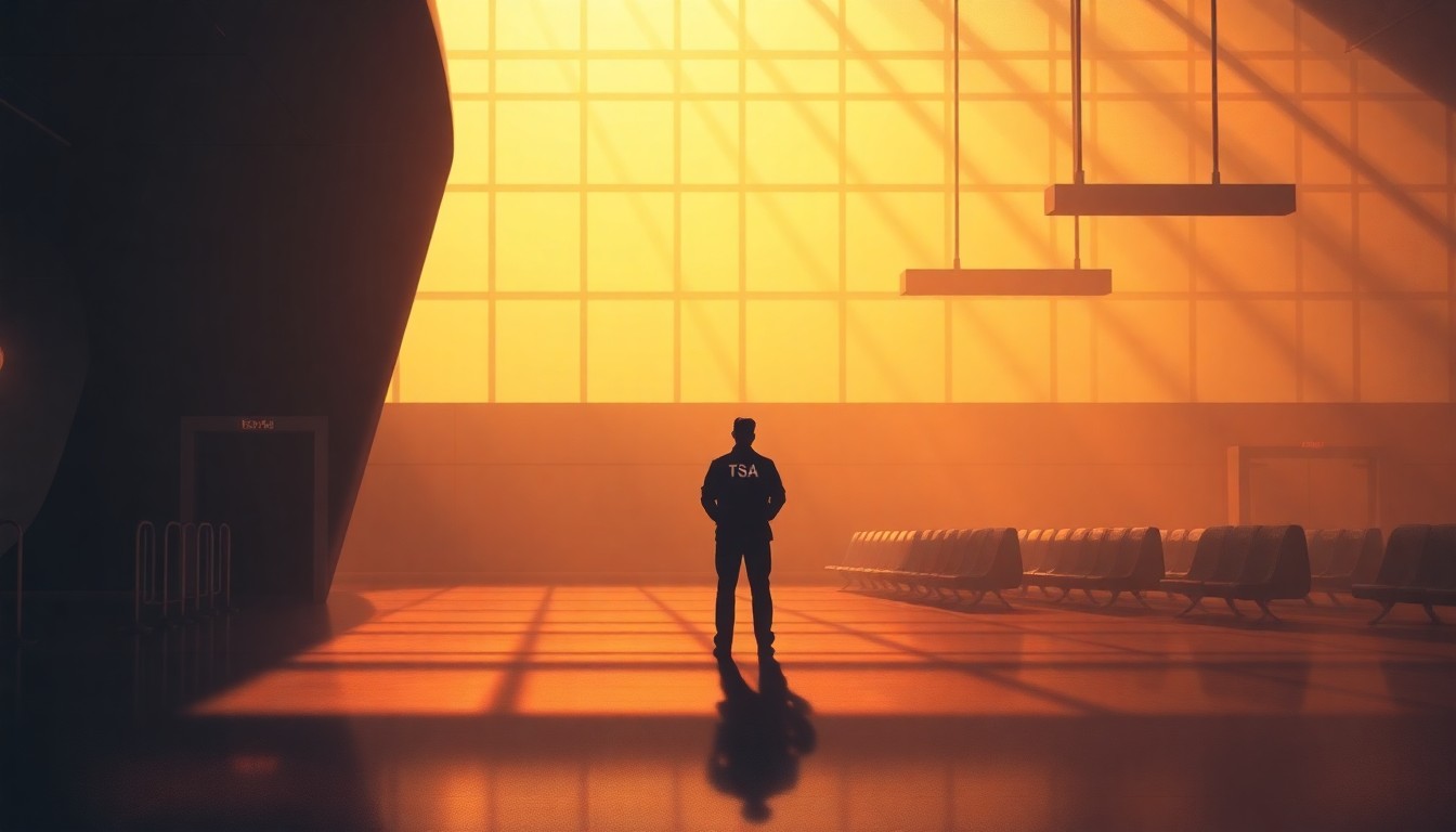 A cinematic painting depicting a lone TSA agent standing in an empty airport terminal, the space bathed in warm, diagonal sunlight and deep shadows, conveying the somber mood of the government shutdown.