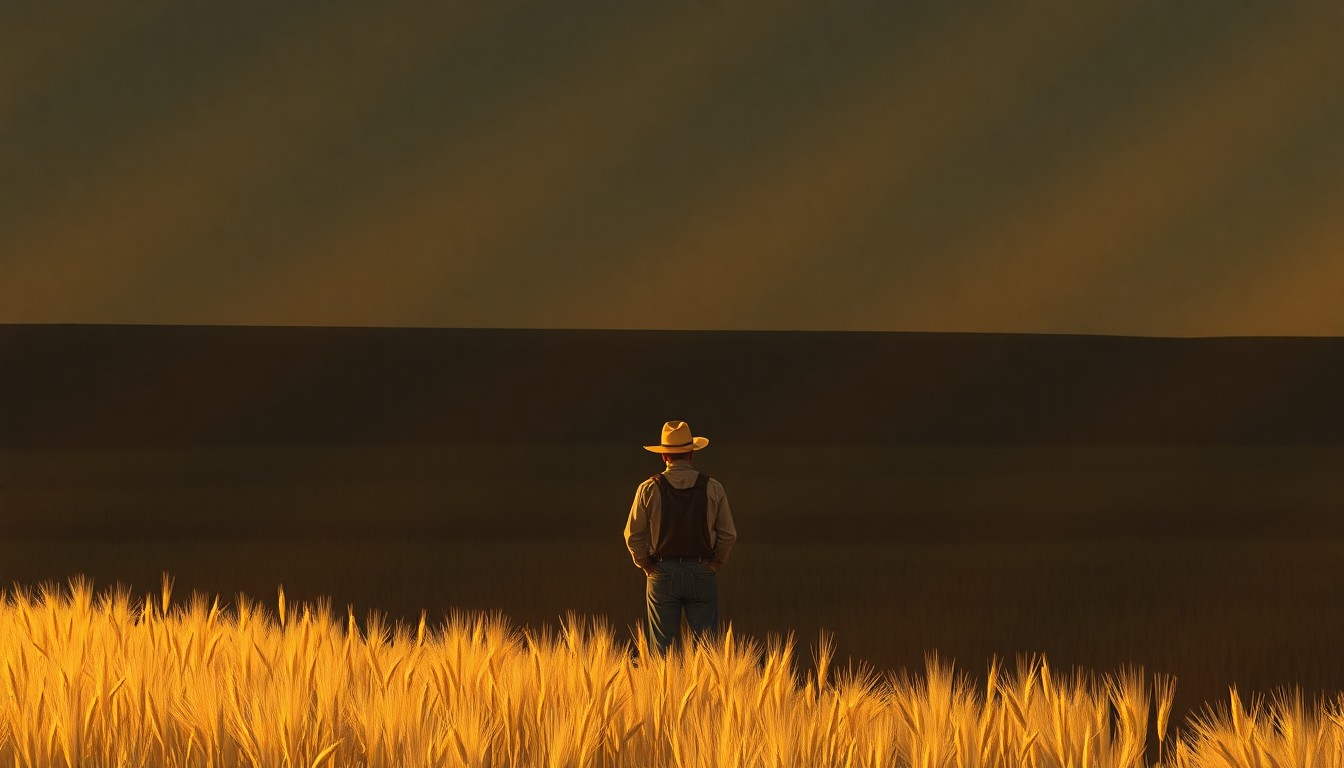 A serene painting of a lone farmer standing in a golden wheat field, the warm sunlight casting long shadows across the scene, capturing the quiet contemplation of a life connected to the land.