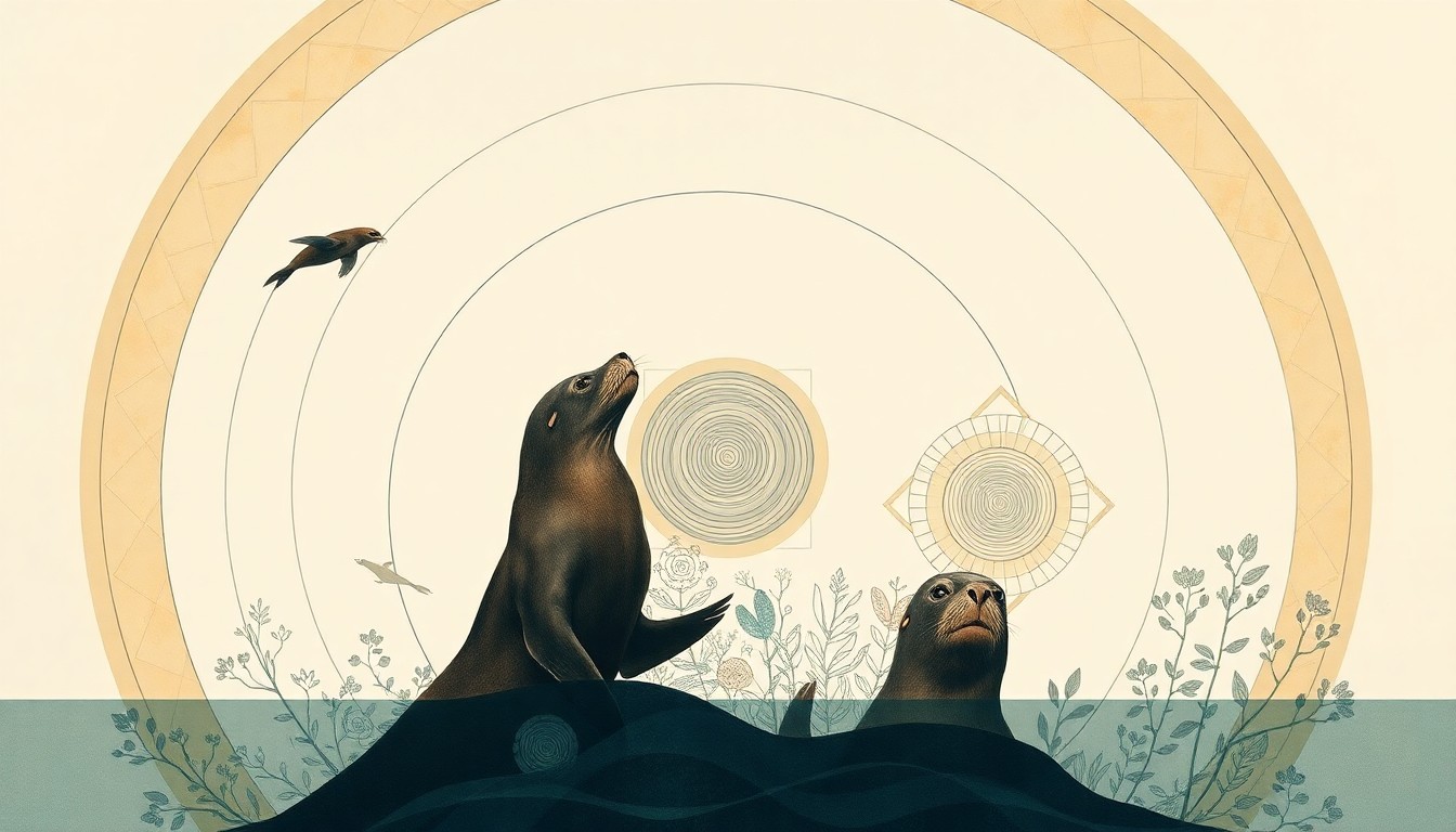 A highly textured, abstract painting in soft earth tones featuring sweeping geometric shapes and precise botanical spirals, conceptually representing the intricate interplay between sea lions, fishing lines, and the underwater marine environment.