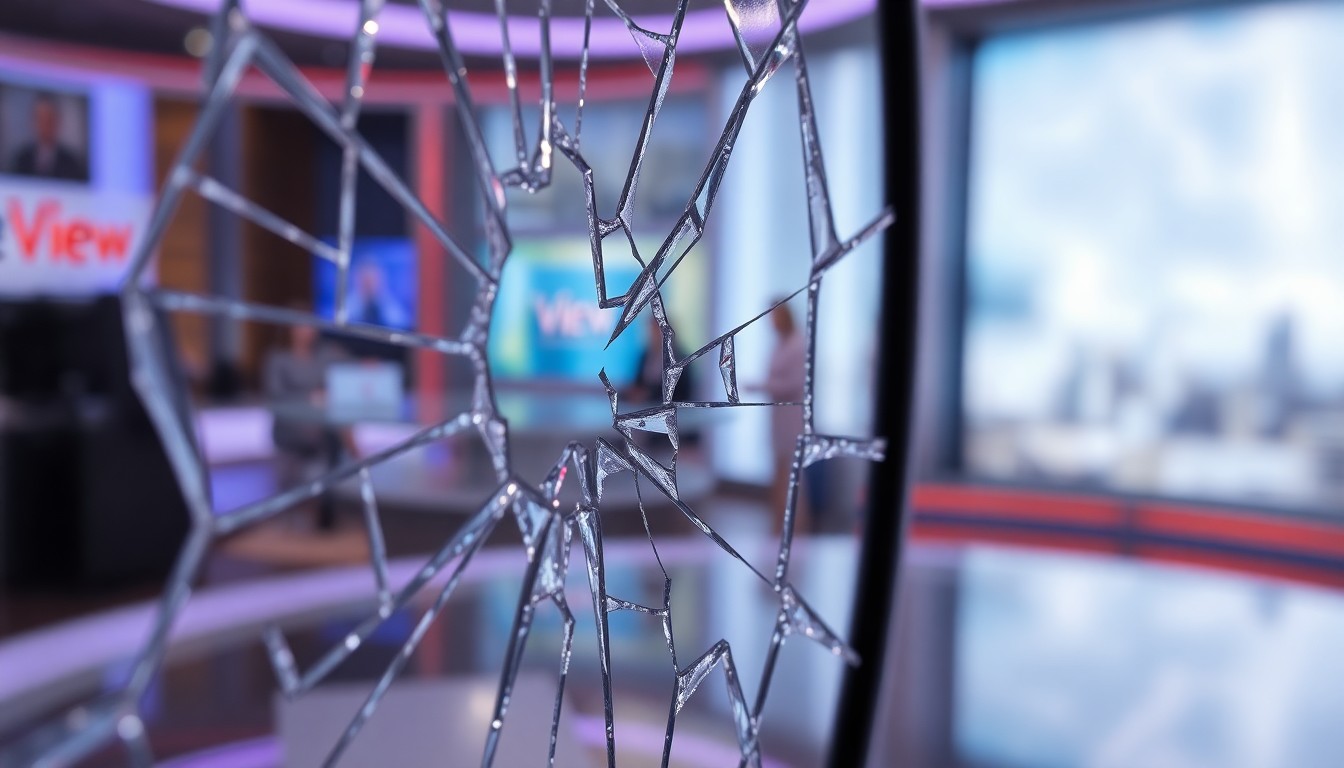 An extreme close-up photograph of a cracked and shattered mirror reflecting a blurred image of a TV studio, conveying a sense of disruption and uncertainty.