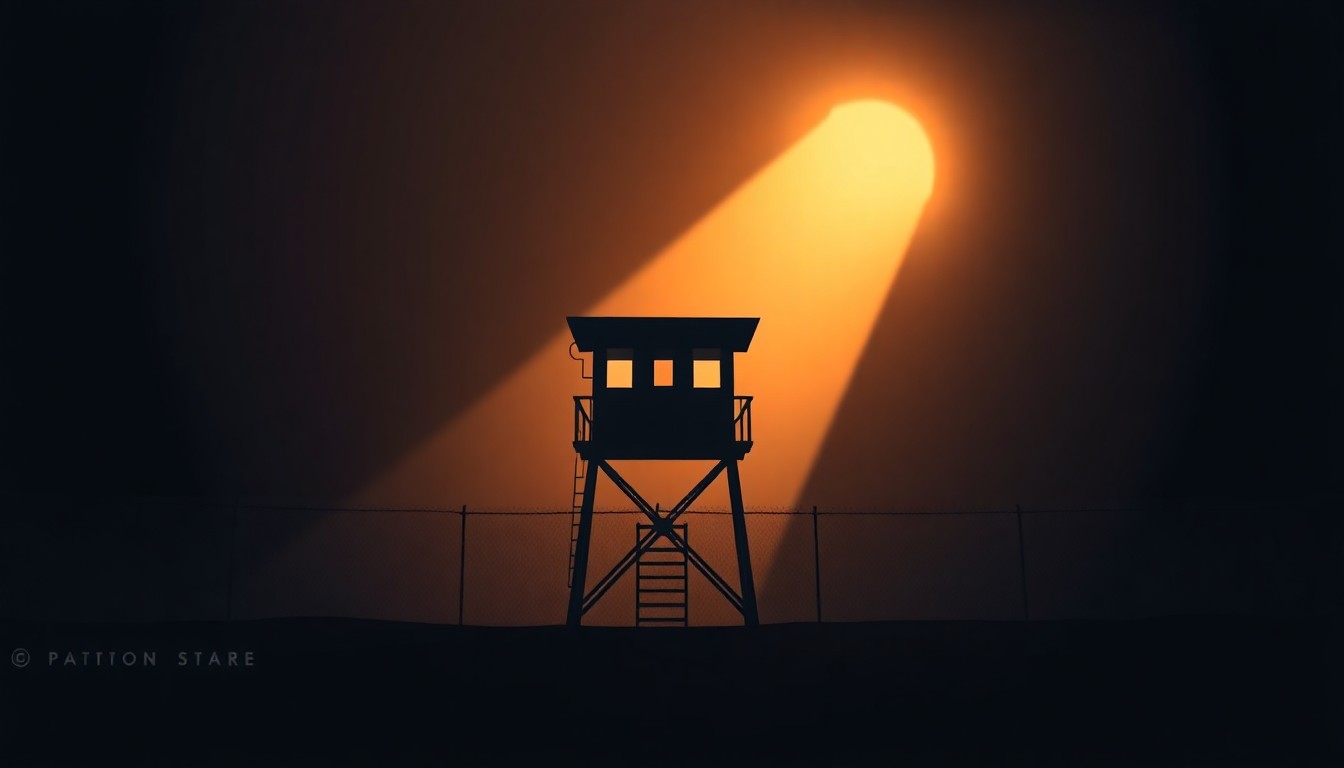 A serene, photorealistic painting of a lone prison guard tower standing tall against a backdrop of warm, golden sunlight and deep, dramatic shadows, conveying a sense of quiet contemplation and the need for greater transparency within the criminal justice system.