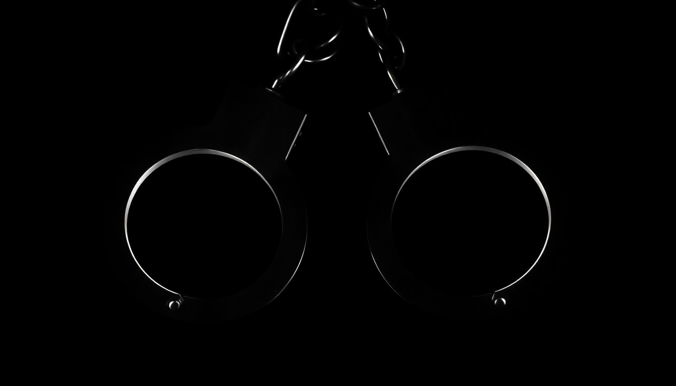 An extreme close-up of a pair of metal handcuffs reflecting a bright, harsh light, conceptually representing the search for a missing juvenile who has a history of violence.