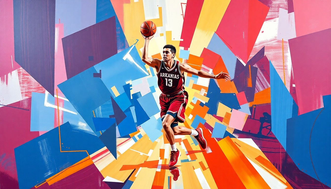 A cubist, geometric painting depicting a college basketball player in motion, with sharp, overlapping planes of red, blue, and white conveying the energy and athleticism of the sport.