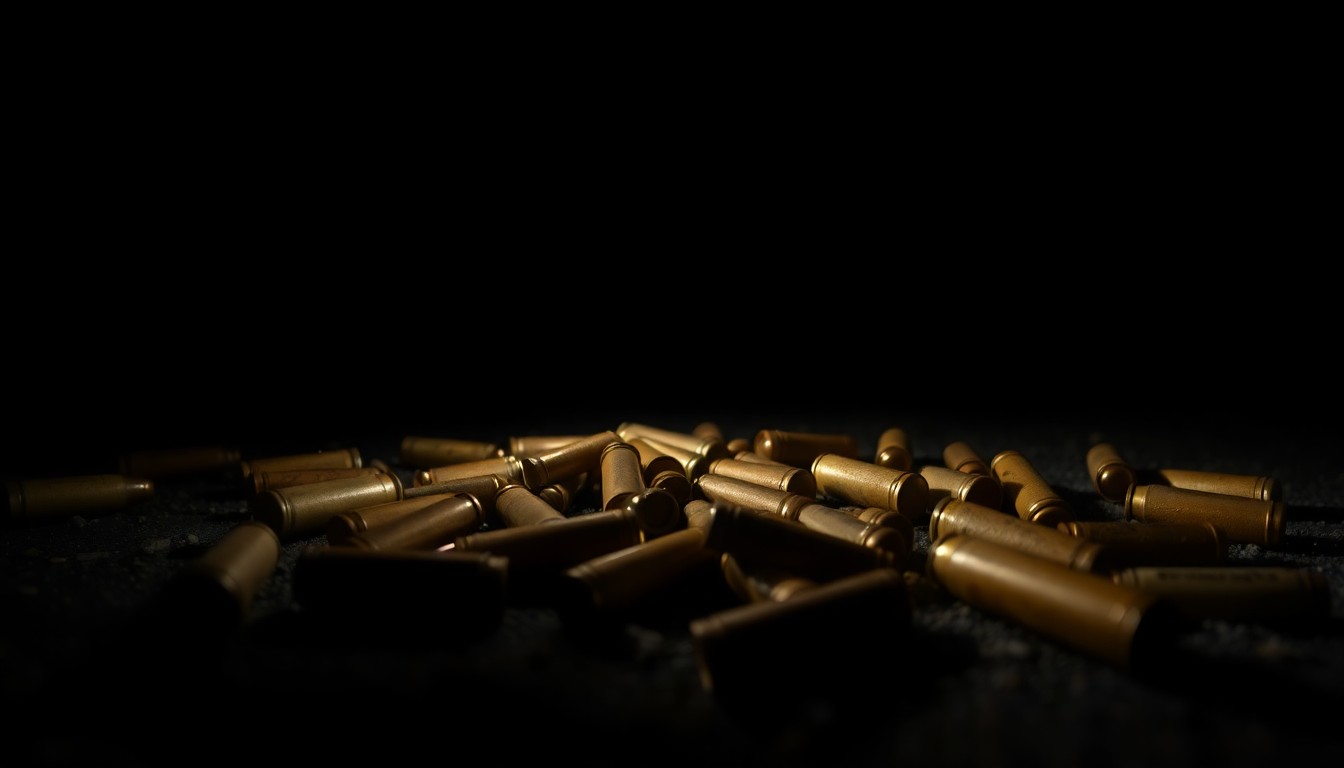 An extreme close-up photograph of several spent shell casings on a dark, textured surface, conceptually representing the evidence gathered by police investigating a late-night shooting incident.