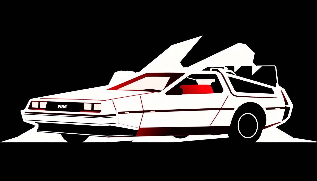 A striking black silhouette of the iconic DeLorean time machine from Back to the Future, set against a bold red and white geometric background, capturing the retro-futuristic style of the beloved sci-fi franchise.