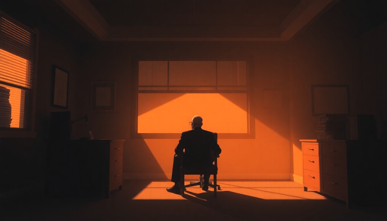 A dimly lit office interior with a lone figure sitting at a desk, the scene bathed in warm, diagonal sunlight and deep shadows, conceptually representing the worries of political lobbyists.