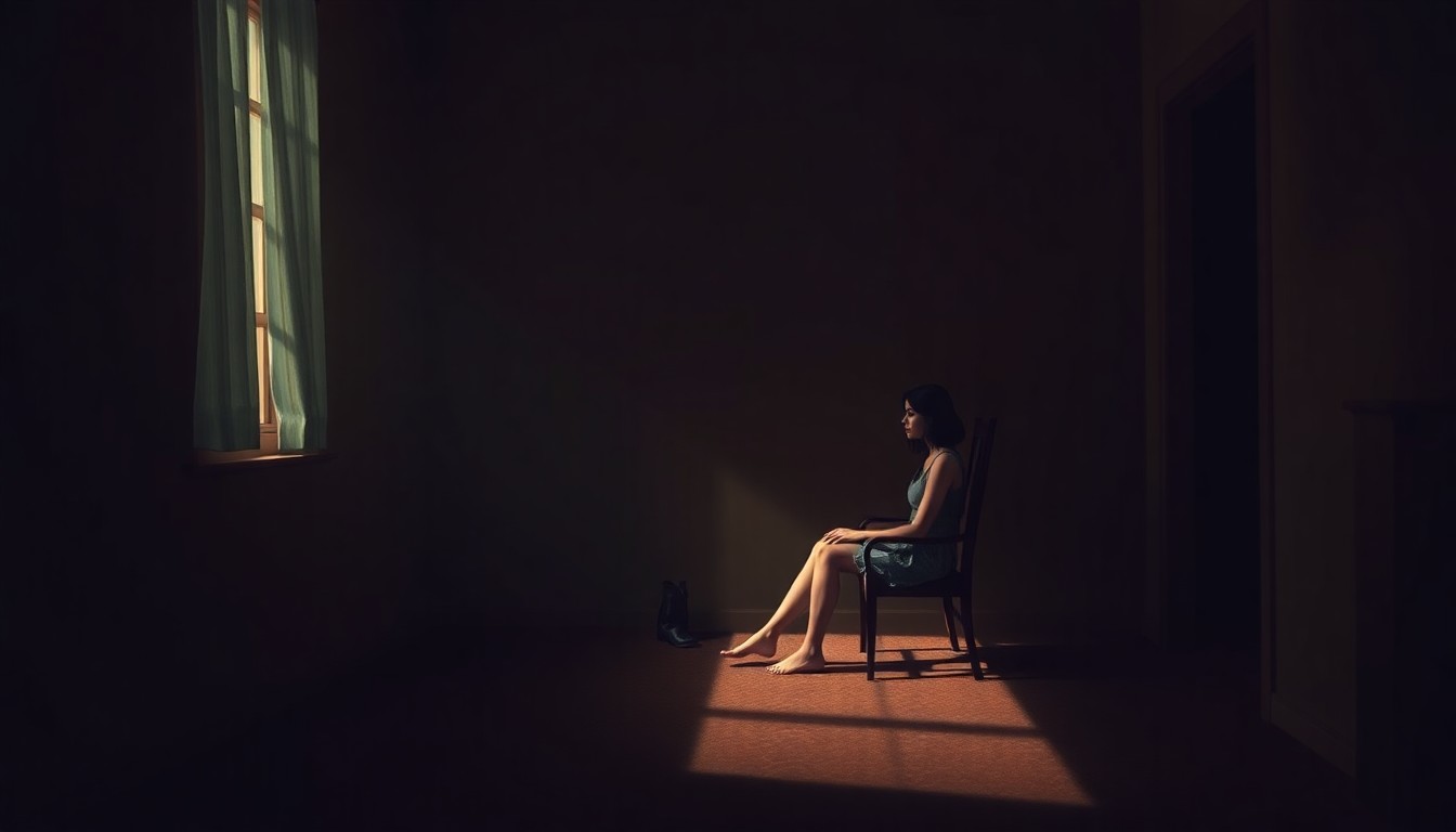 A cinematic painting of a solitary Iranian-American woman sitting alone in a dimly lit room, the warm sunlight casting deep shadows across her contemplative face, capturing the complex emotions surrounding the U.S. military escalation in Iran.