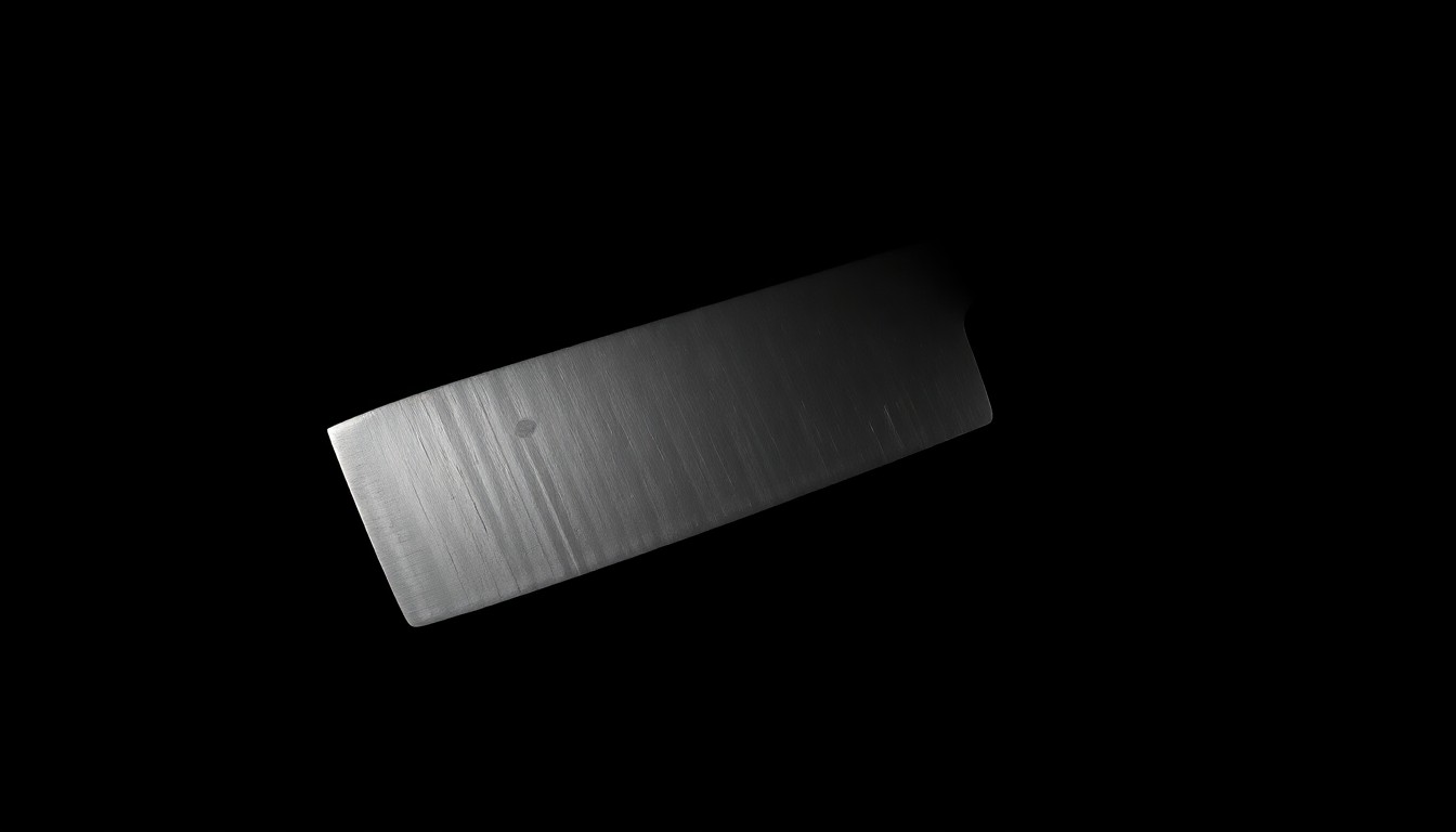 An extreme close-up photograph of a large butcher-style knife against a pitch-black background, capturing the dangerous weapon used in the alleged bus theft attempt in a stark, gritty manner.