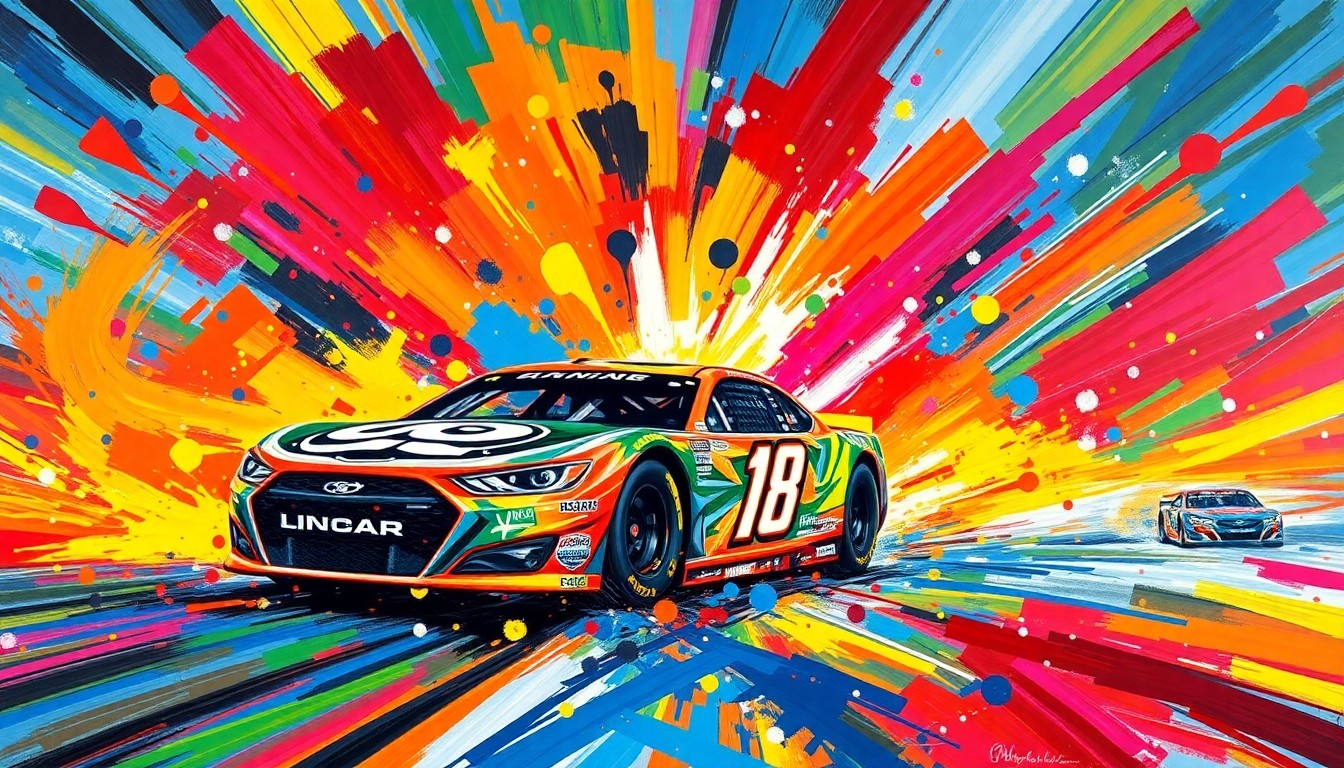A dynamic, colorful painting with bold, expressive brushstrokes capturing the intense energy and motion of NASCAR race cars competing on the short track at Martinsville Speedway.