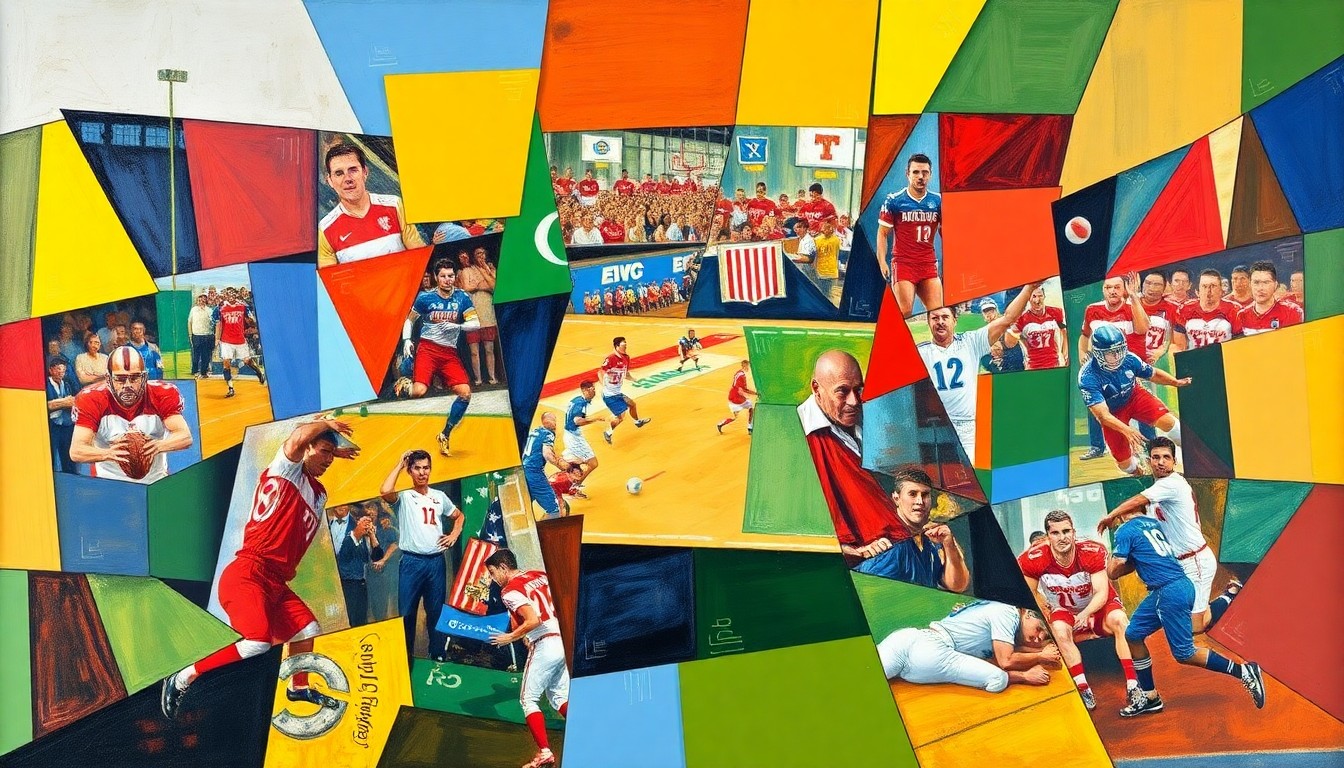 A fragmented, geometric painting featuring overlapping shapes and planes of vibrant colors, conceptually representing the fast-paced action and competition of various professional sports matches.