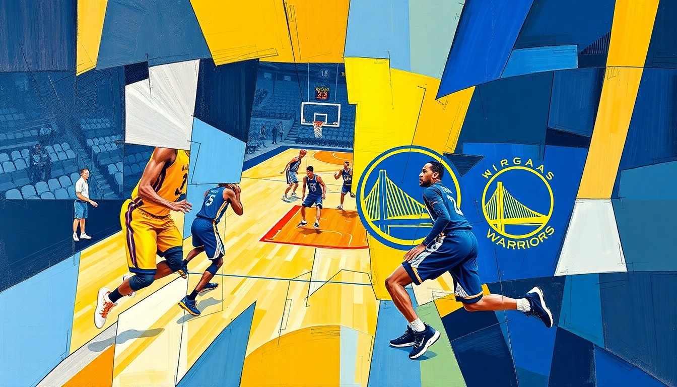 A cubist-style painting featuring overlapping geometric shapes and planes in the colors of the Nuggets and Warriors uniforms, capturing the dynamic action and tension of the basketball game.