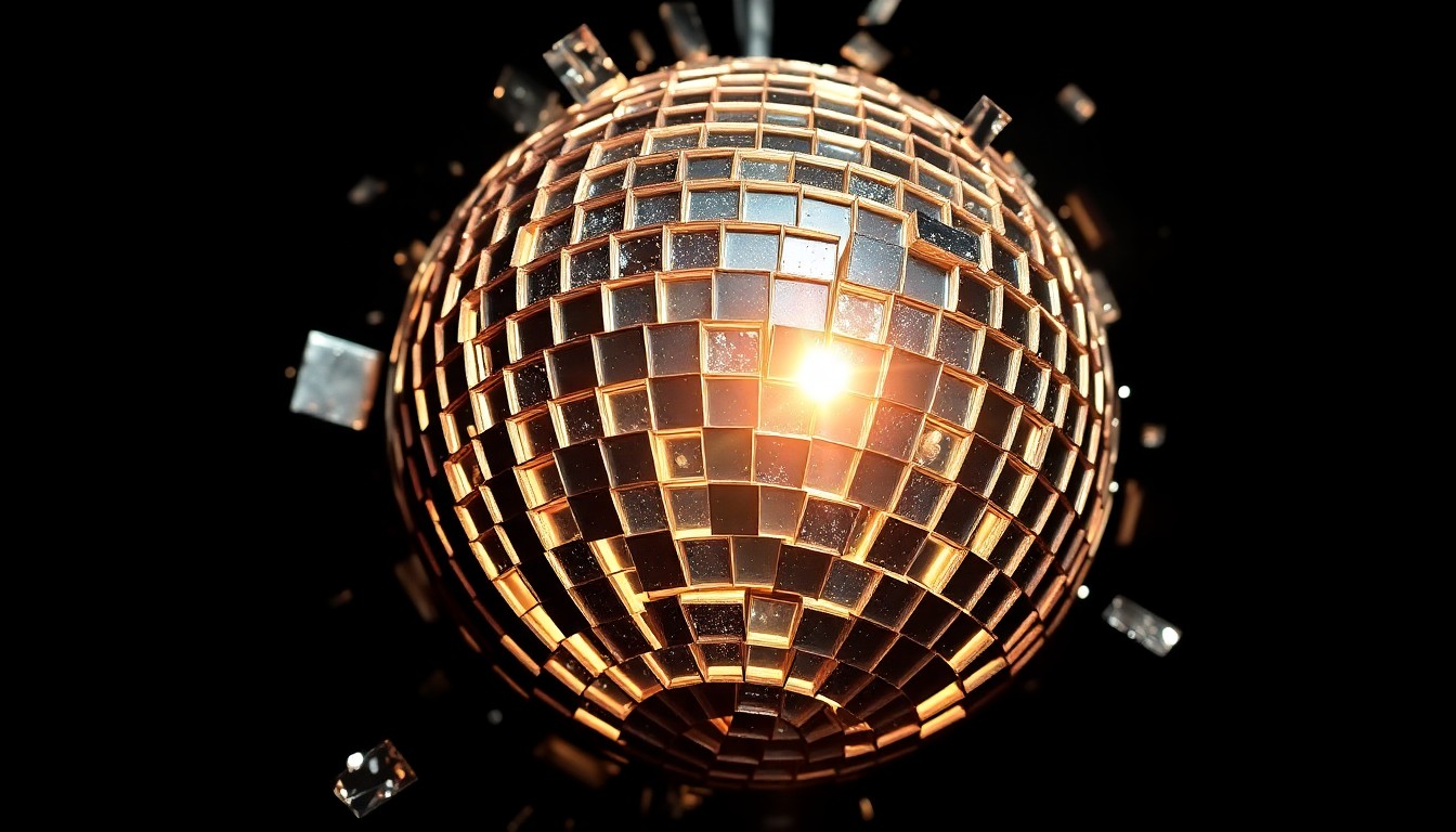 An extreme close-up photograph of the shattered, glittering pieces of a disco ball, capturing the glamour and energy of the Friends television series.