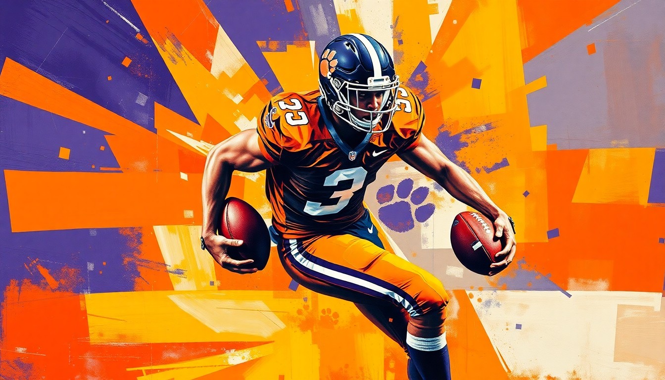 A fragmented, geometric painting in shades of orange and blue depicts a football player in motion, their form broken down into sharp, overlapping planes that convey the physical strain of an injury.
