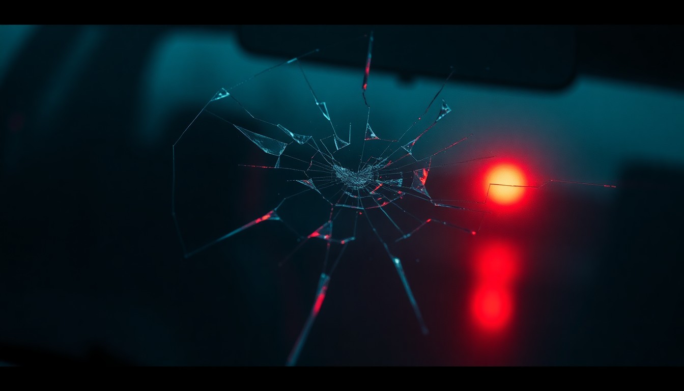 An abstract close-up photograph of a shattered car windshield reflecting a faint red light, conveying a sense of fragility and psychological tension.