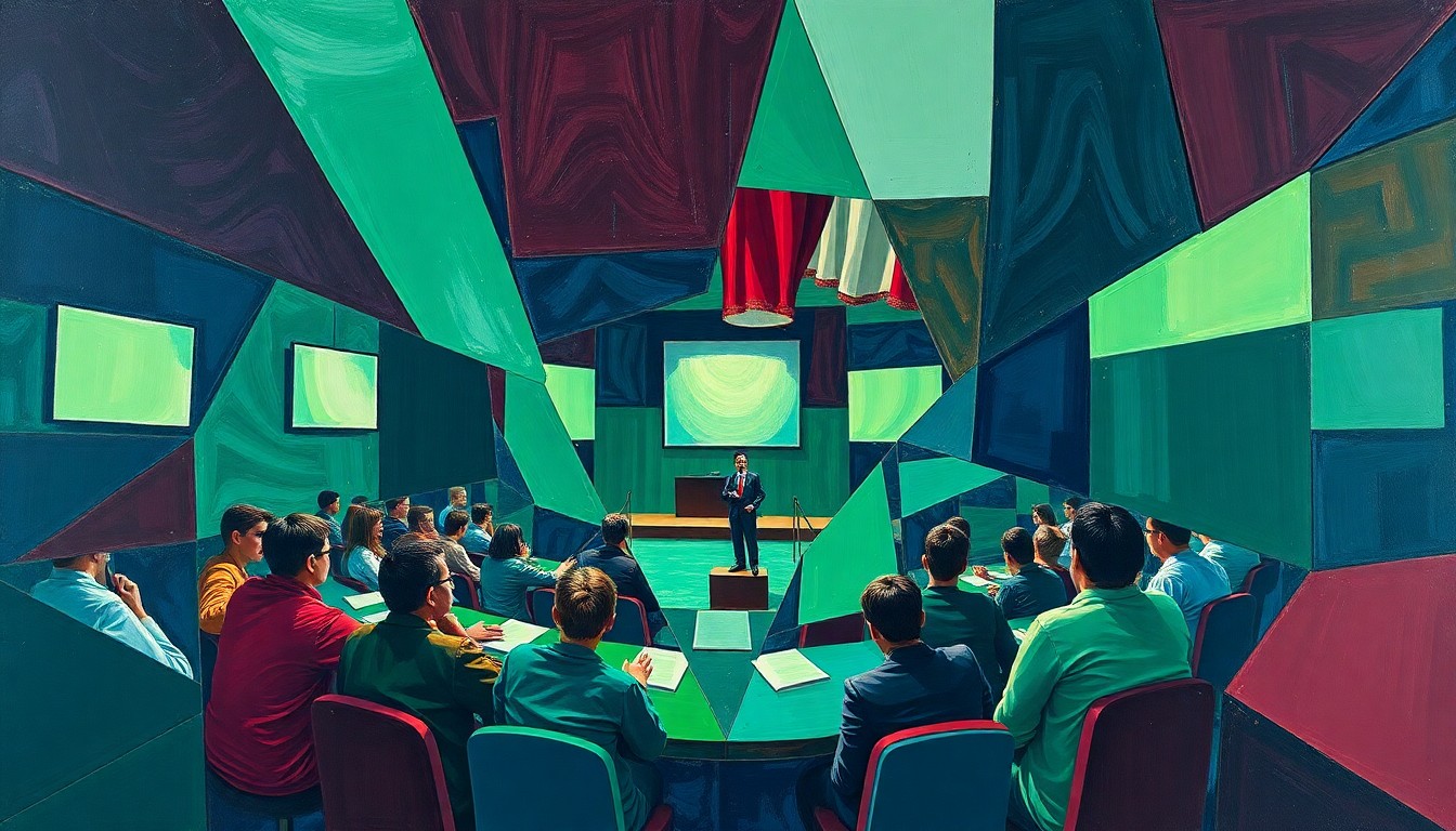 A fragmented, geometric painting in shades of navy, green, and burgundy, capturing the dynamic and competitive nature of a high school quiz bowl event.