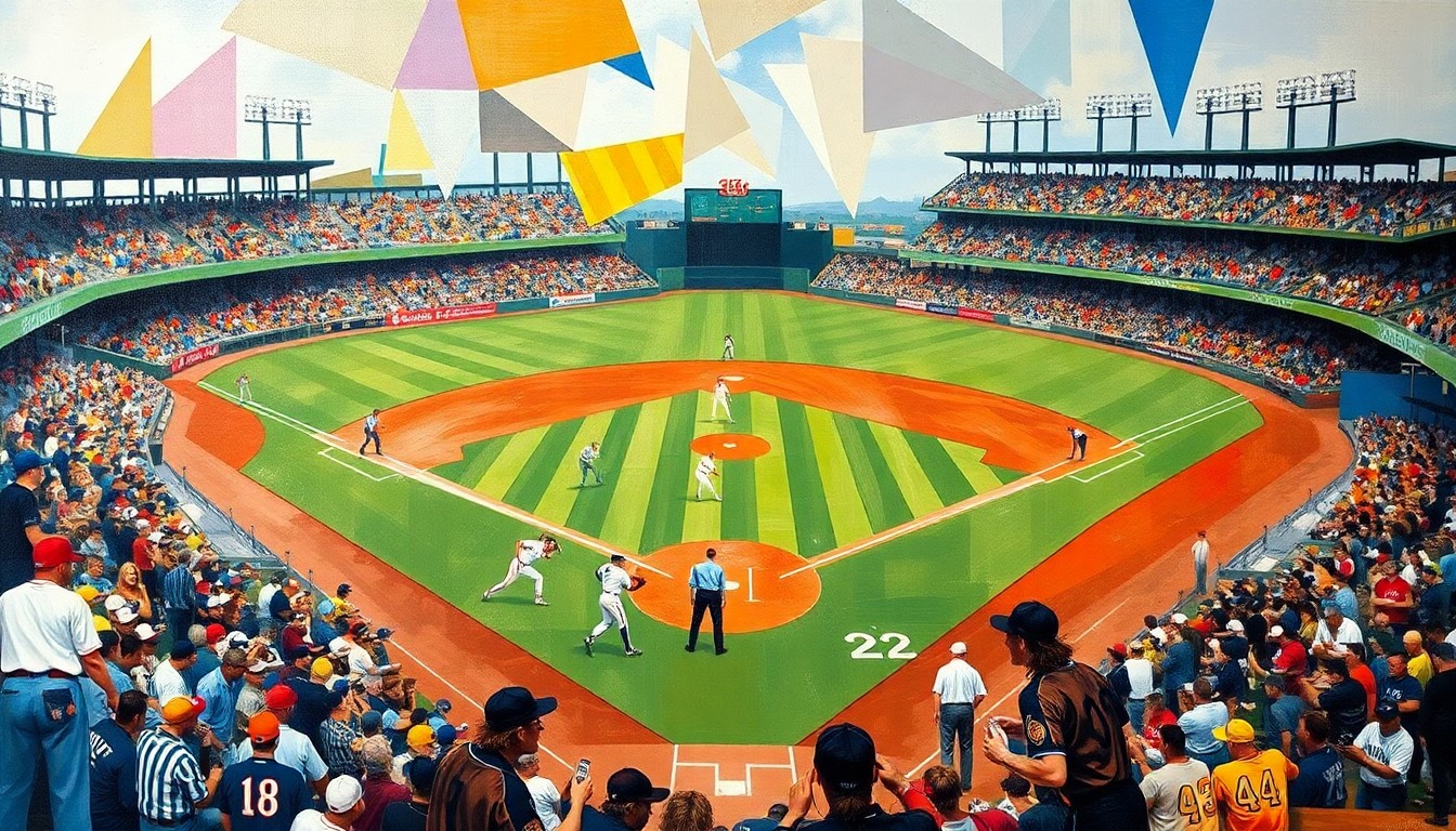 A cubist, geometric painting depicting a chaotic baseball game, with players, umpires, and the field reduced to fragmented, overlapping angular shapes and planes in a high-energy, abstract composition.