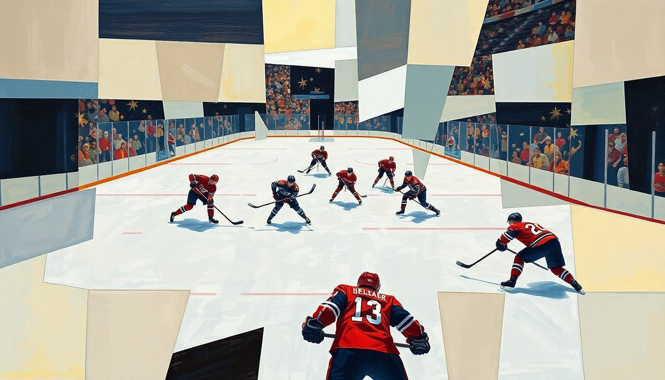 A cubist, geometric painting depicting a fragmented hockey game, with overlapping planes of ice, sticks, and players' bodies, conveying the chaotic and contentious nature of the Penguins' issues with NHL officiating.