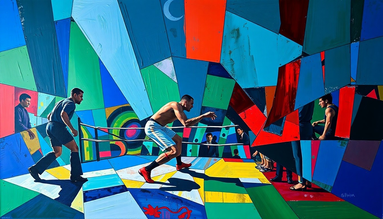 A fractured, geometric painting in bold colors depicting the intense action and physical struggle of a wrestling match, with limbs and bodies broken down into sharp, overlapping planes.