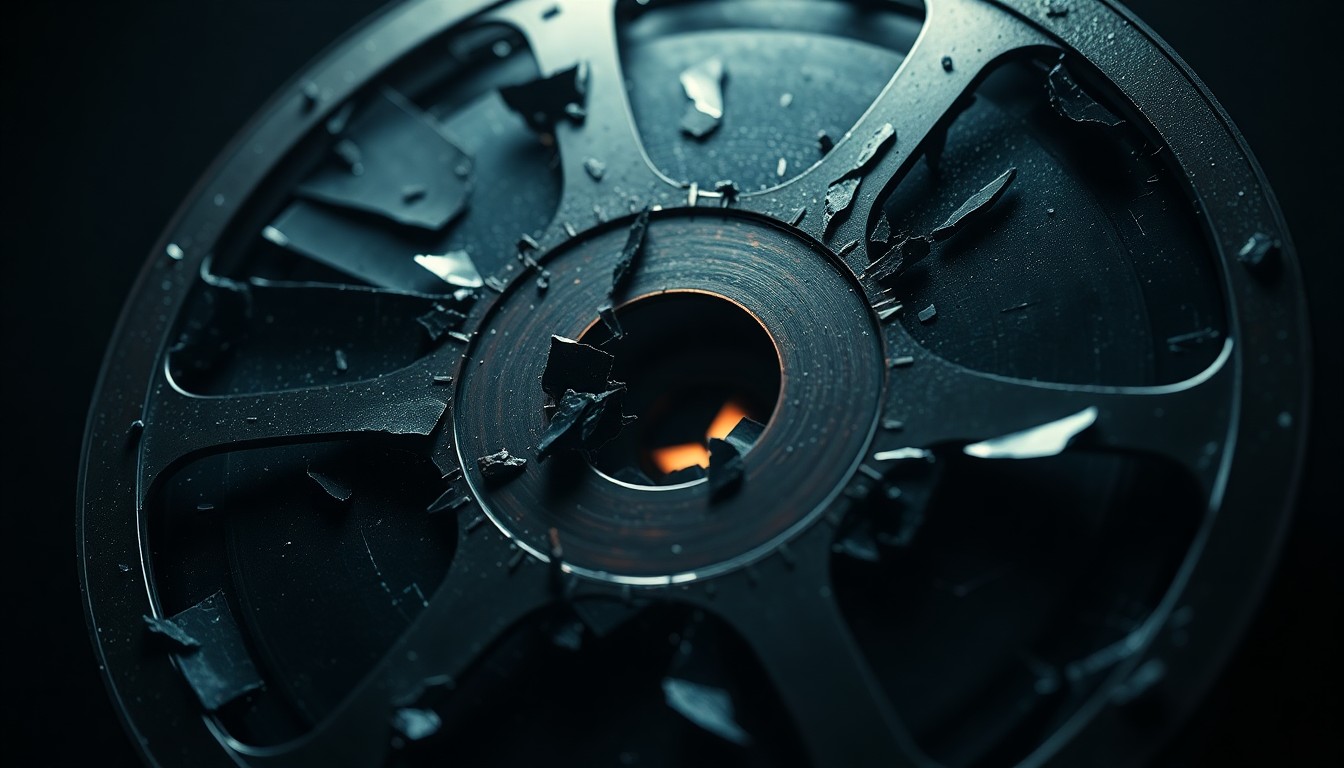An abstract, high-contrast close-up photograph of a damaged film reel, conveying a sense of decay and decline in the entertainment industry.