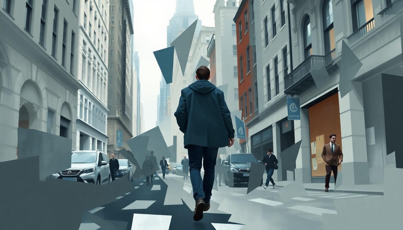 An abstract, fragmented painting depicting a person walking through an urban environment, with overlapping geometric shapes and brushstrokes in muted tones of grey, blue, and brown, conveying a sense of movement and change.