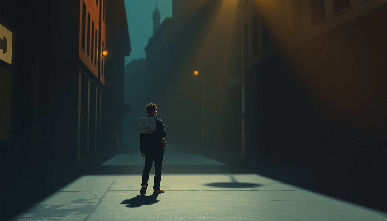 A solitary figure holding a protest sign stands alone on a dimly lit urban street, the warm glow of sunlight casting deep shadows across the scene, conveying a sense of quiet determination in the face of societal challenges.