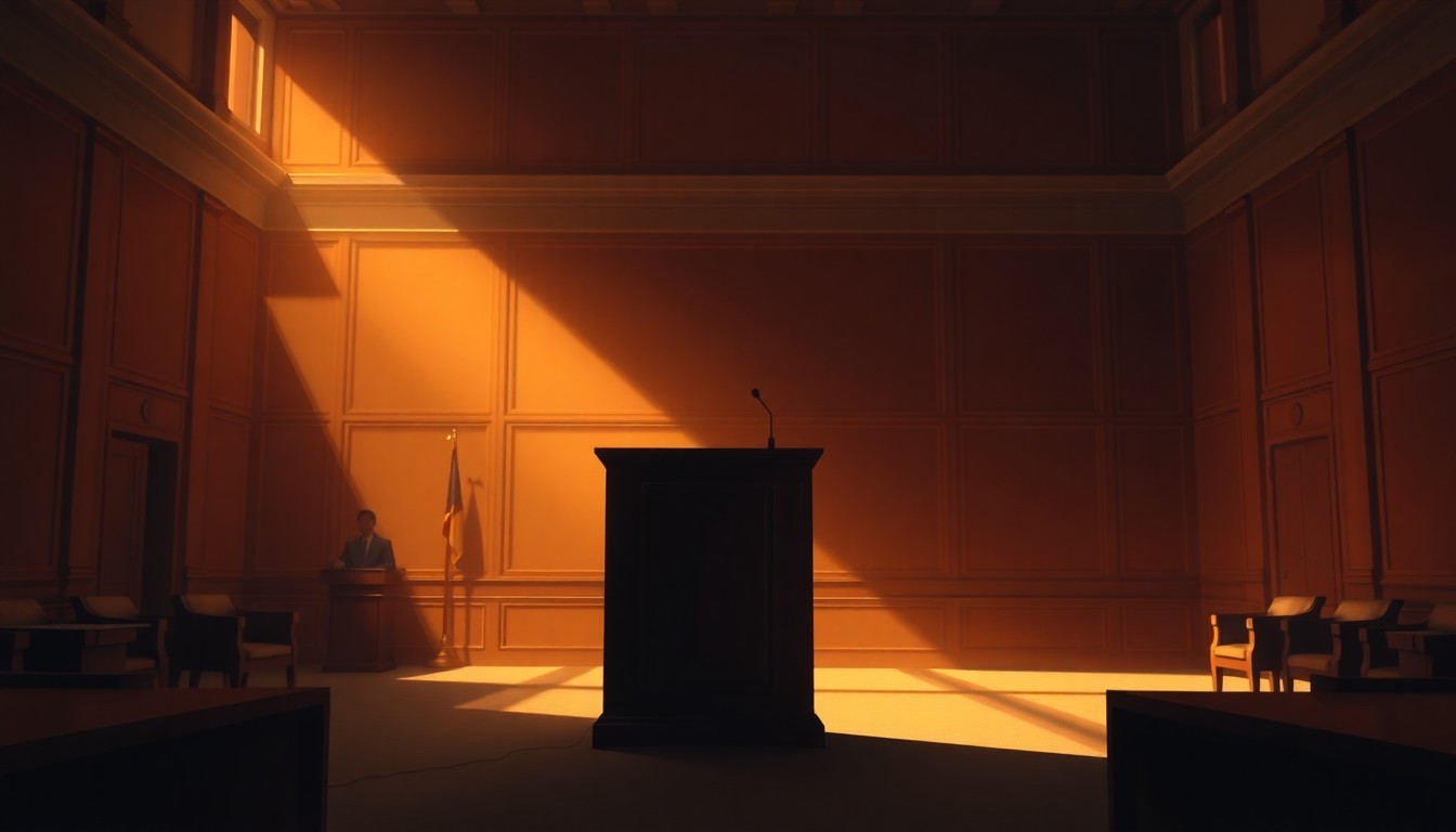 A dimly lit government meeting room with a solitary podium or lectern in the center, bathed in warm, dramatic lighting that casts deep shadows, conceptually representing the weight of the misogynistic comments made during the proceedings.