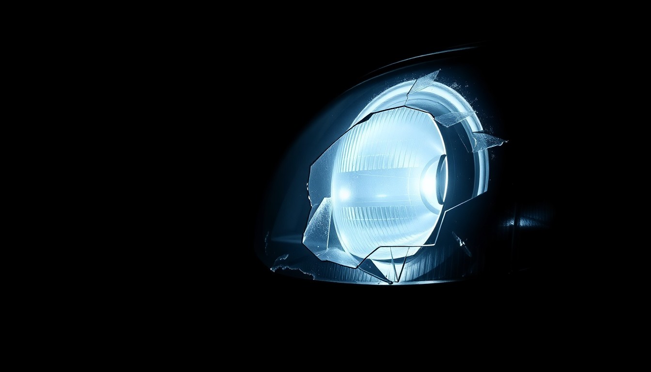 An extreme close-up photograph of a damaged car headlight or side mirror, reflecting a harsh, direct flash of light against a pitch-black background, conceptually illustrating the aftermath of a vehicle crashing into a home.