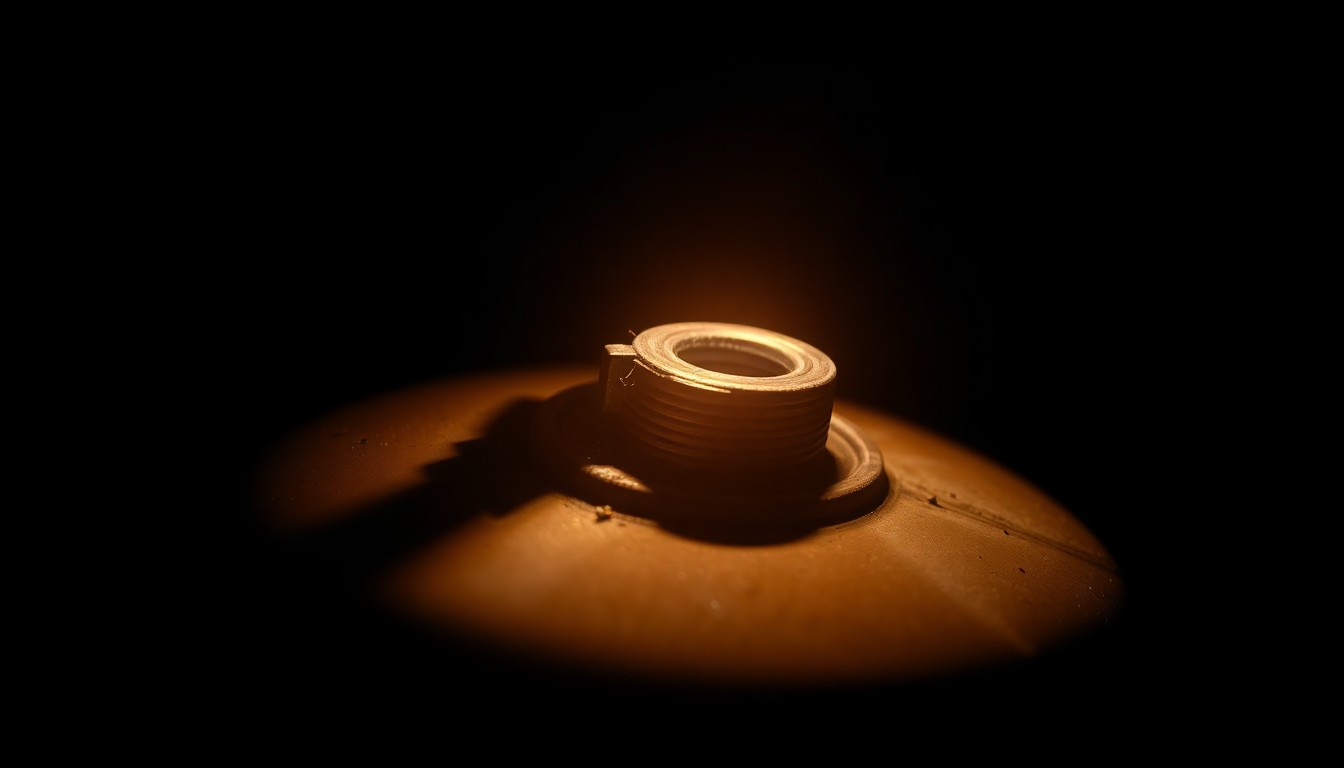 An extreme close-up photograph of a damaged fuel tank valve, lit by a harsh, direct camera flash against a pitch-black background, conveying a stark, gritty, investigative aesthetic without any text or identifying elements.