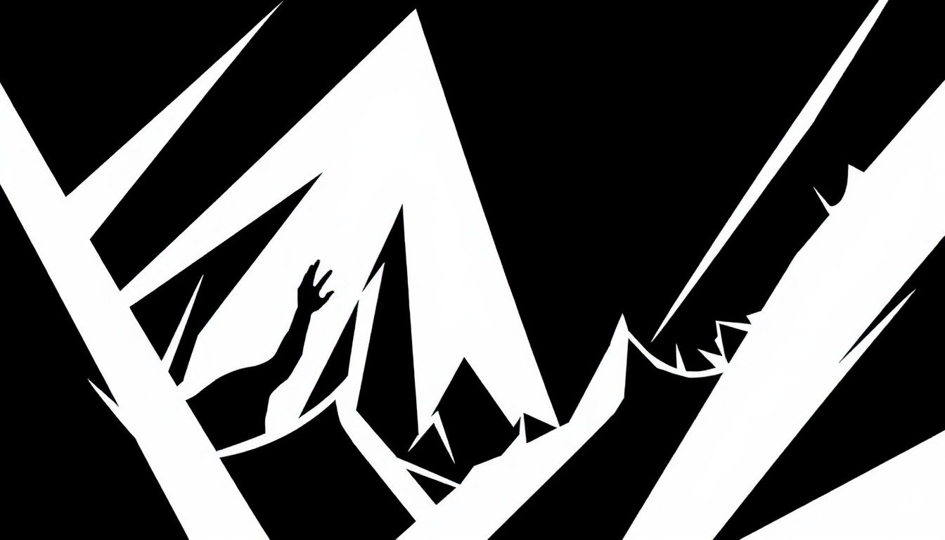 A striking black and white illustration featuring bold, angular shapes and silhouettes, conceptually representing the energy and spirit of a live indie rock performance.