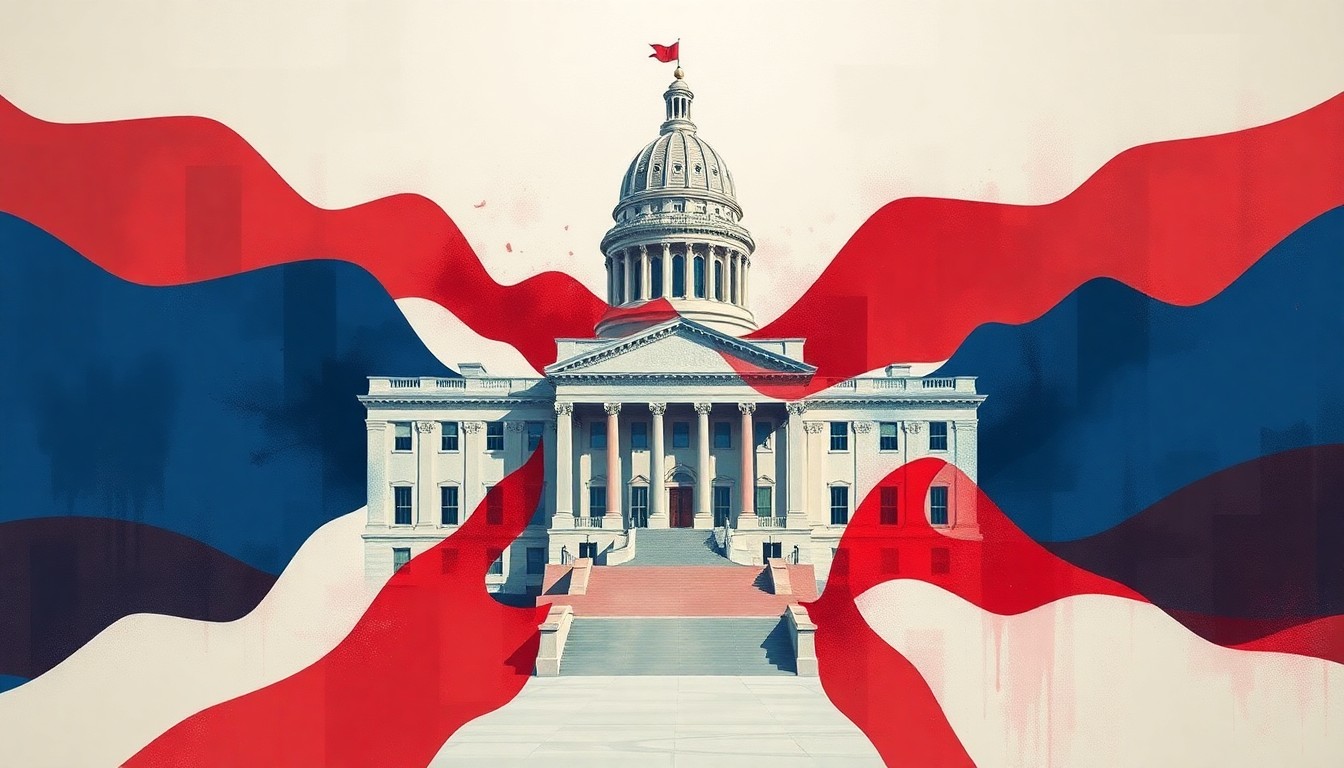 A vibrant, abstract painting featuring the Arkansas state capitol building repeated in overlapping, fractured geometric shapes in red, white, and blue, conveying the political tension and divisiveness of the Republican primary runoffs.