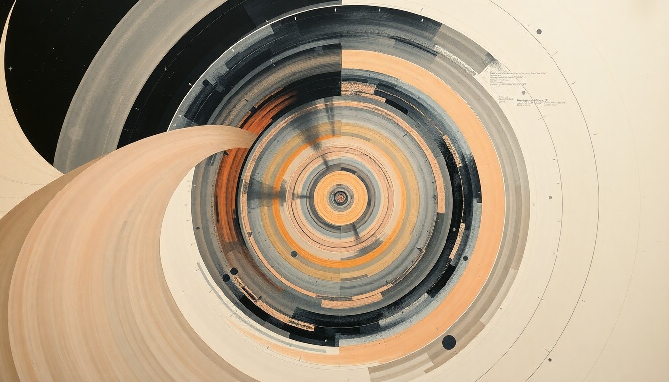 A highly structured abstract painting in soft blues, greens, and grays, featuring sweeping geometric arcs, concentric circles, and precise spirals, conceptually representing the advanced sensor technology and structural complexity of a space observatory.