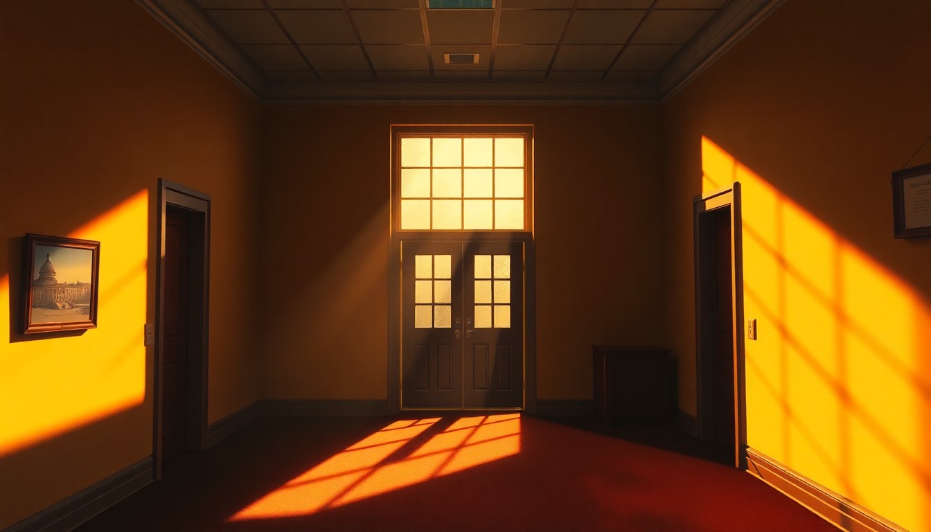 A softly lit, cinematic painting of an empty government office or legislative chamber, with warm sunlight streaming through the windows and deep shadows casting a contemplative mood, conceptually representing the complicated political landscape.
