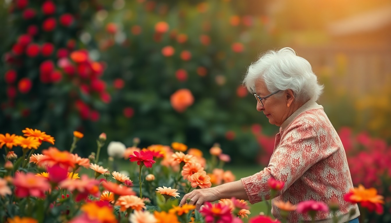 An abstract, impressionistic photograph in soft focus, depicting an elderly woman tending to a colorful flower garden, conveying a sense of tranquility and the cycle of life.