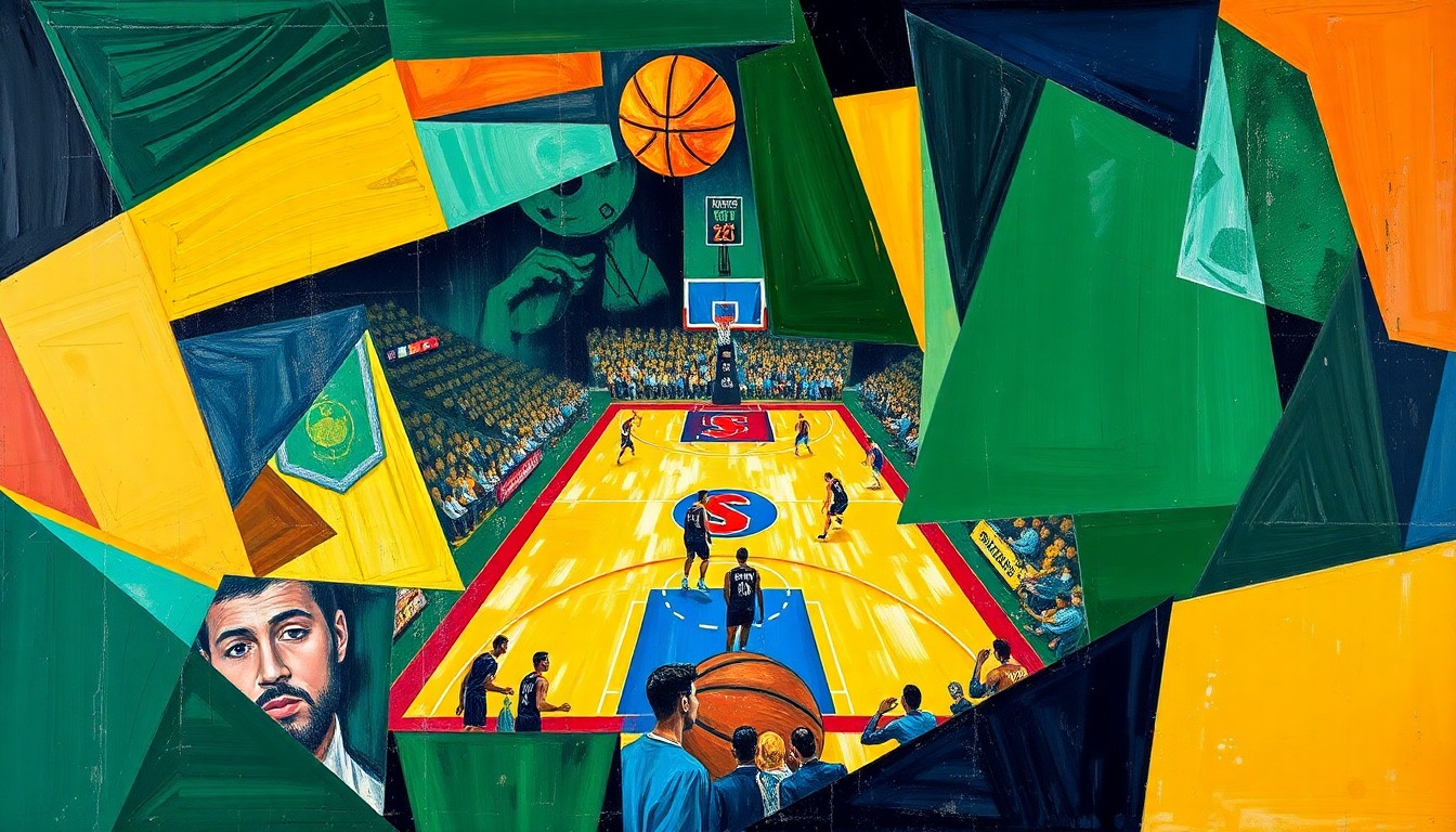 A cubist, geometric painting depicting a fragmented basketball court, with overlapping planes of vibrant colors representing the teams involved in the story's betting recommendations.