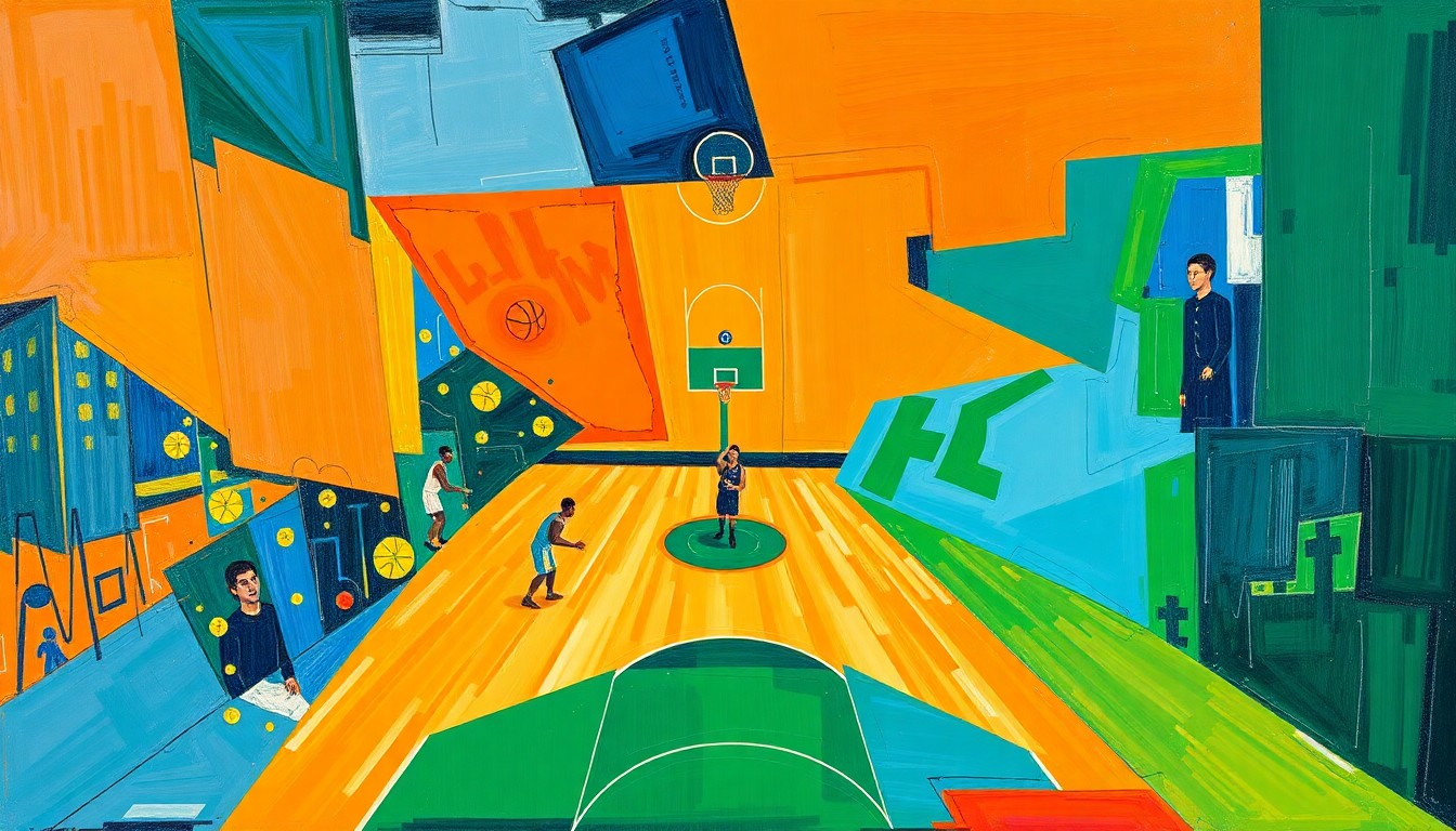A fragmented, geometric painting depicting the dynamic movements and energy of a basketball game, rendered in a vibrant color palette of oranges, blues, and greens.