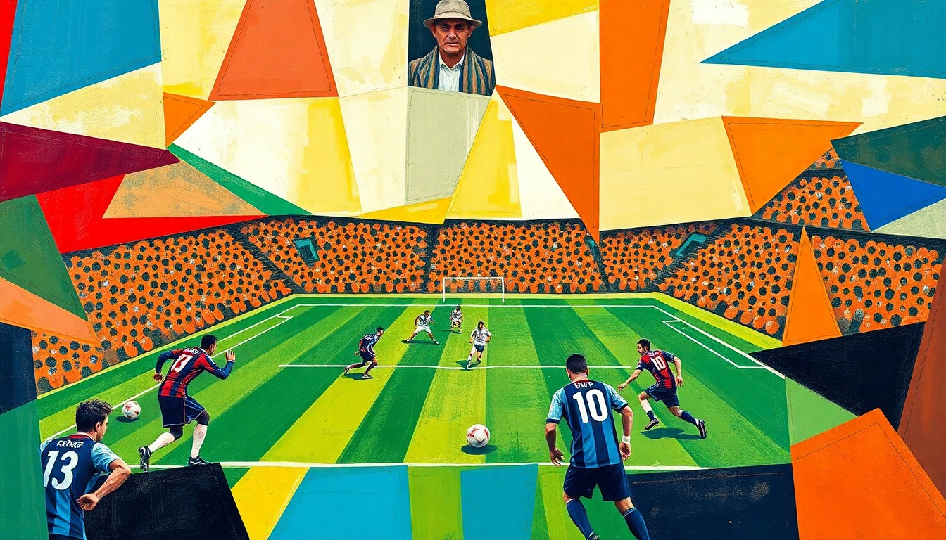 A fragmented, multi-angled painting depicting a football game or match, with the players and field broken down into sharp, overlapping geometric shapes and planes of color, creating a sense of movement and energy.