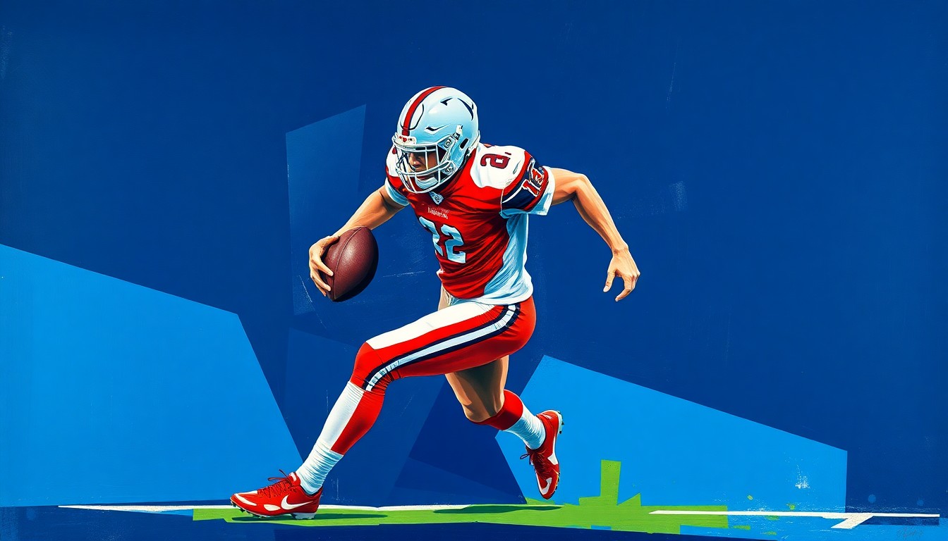 A cubist-style painting depicting a football player in motion, broken down into sharp, overlapping geometric shapes and planes in shades of blue and red, conveying the energy and intensity of the recruiting process.