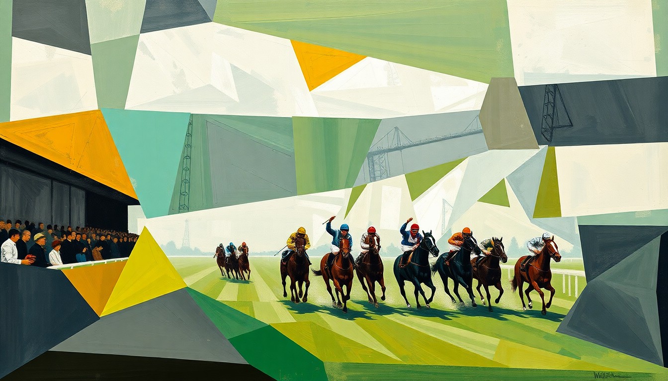 A fragmented, cubist-style painting depicting a horse race at Cheltenham Racecourse, with the track and grandstands broken down into overlapping geometric shapes in shades of green, yellow, and grey.