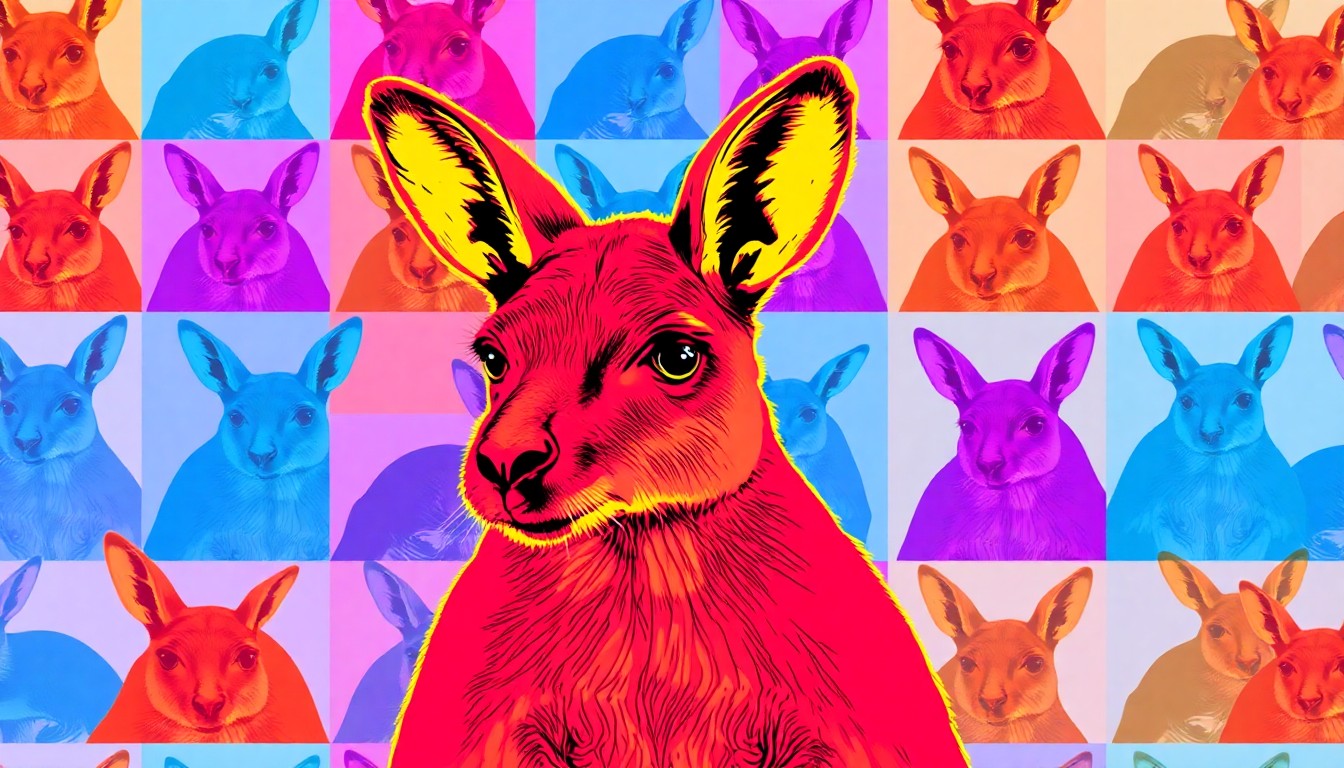 A bold, colorful silkscreen-style illustration of a kangaroo repeated in a grid pattern, capturing the adventurous spirit and community response to Chesney's brief time on the lam.