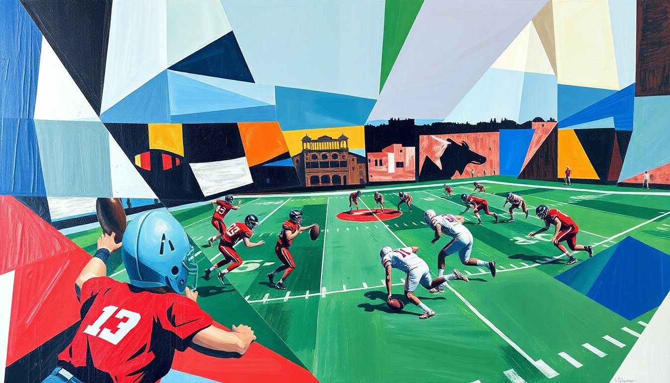 A cubist-style painting depicting a high school football game, with players and the field broken down into overlapping geometric shapes and planes of bright, bold colors.