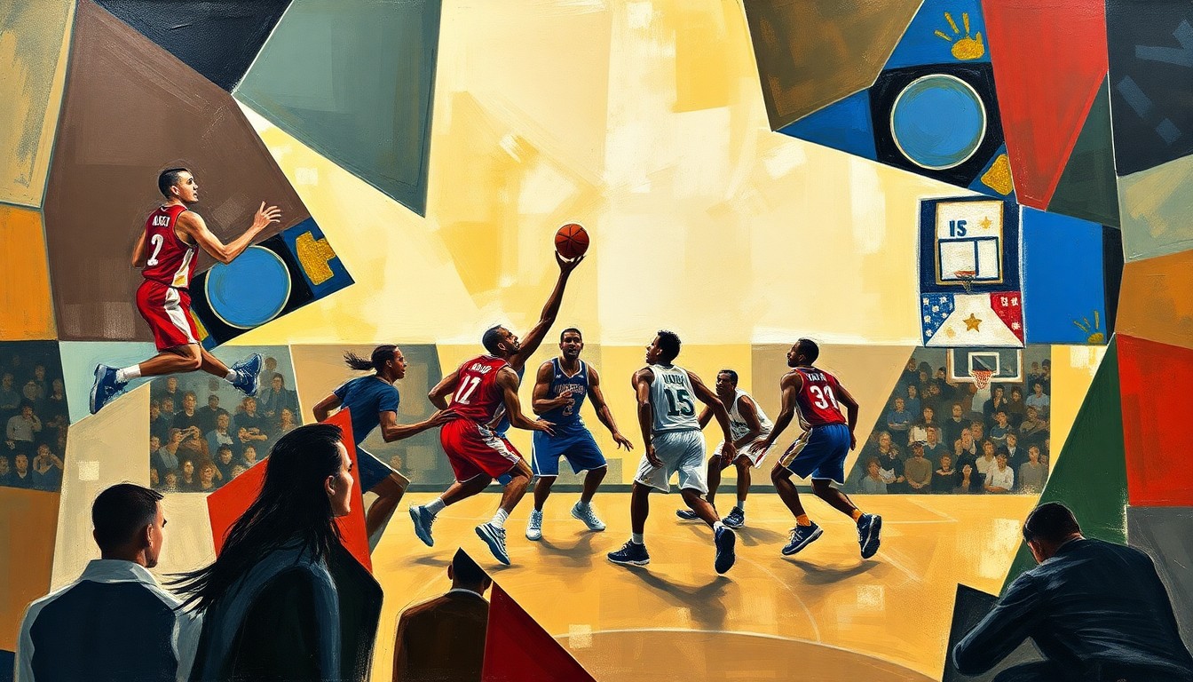 A cubist, geometric painting depicting fragmented, overlapping perspectives of a basketball game, with players and the court broken down into sharp, angular shapes and planes of color, conveying the intensity and drama of the Croatian team's historic Olympic journey.