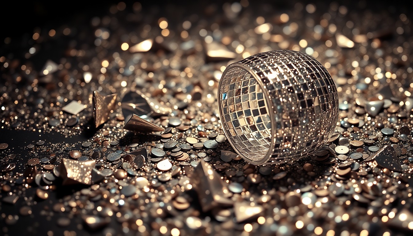 An abstract close-up image of shimmering sequins and shattered glass, conveying the glamour and nostalgia of the A Different World television series.