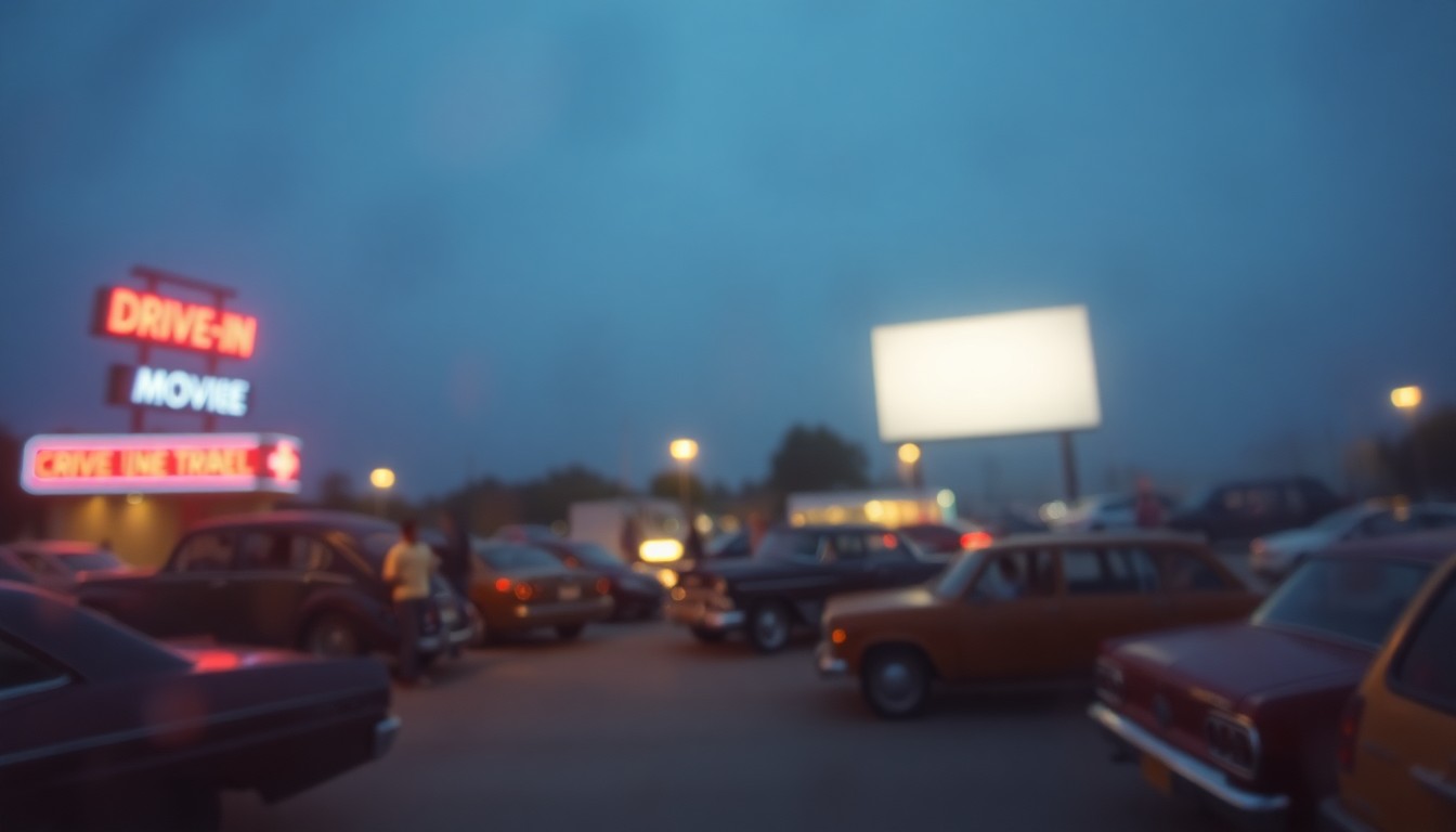 An extremely blurred, impressionistic photograph depicting the hazy, dreamlike atmosphere of a classic drive-in movie theater, with indistinct shapes and silhouettes of vintage cars, neon signs, and families gathered under a starry night sky.