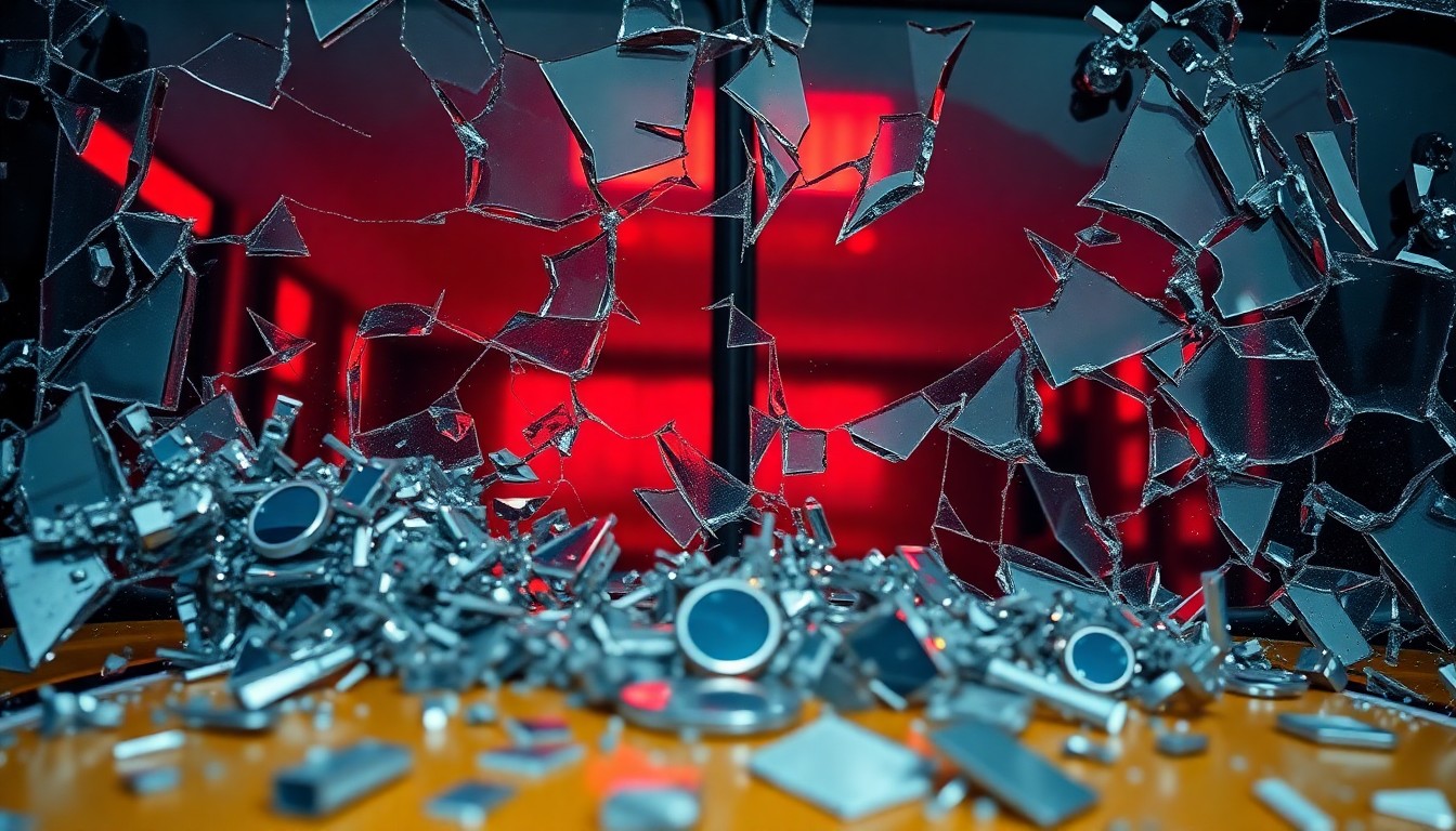 An abstract close-up photograph featuring dramatic, high-contrast lighting on shattered glass and cracked chrome, evoking a sense of danger and mystery surrounding a tragic incident.