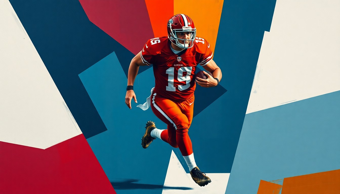 A cubist-style painting depicting a football player in motion, broken down into sharp, overlapping geometric shapes in deep crimson, burnt orange, and navy blue, conveying the competitive nature of recruiting elite prospects in the SEC.