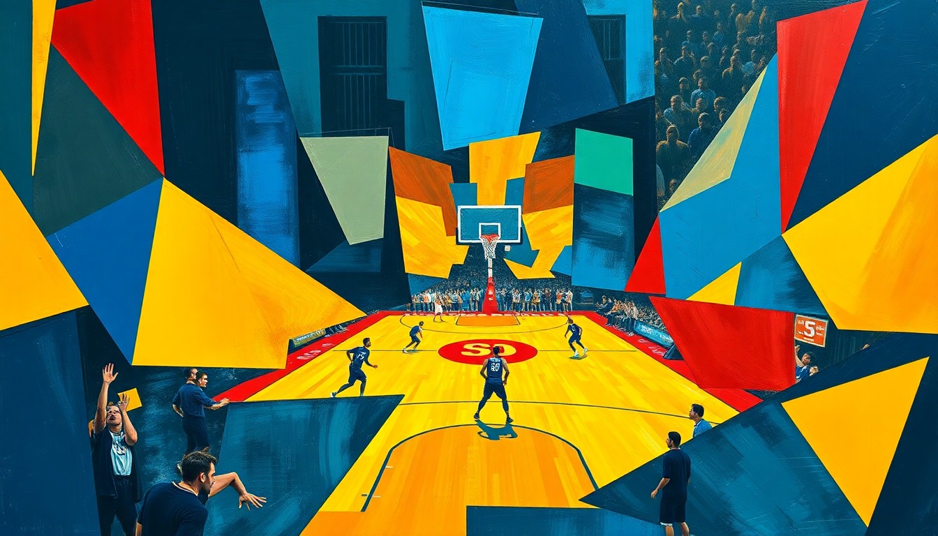 A fractured, cubist-style painting depicting an abstracted college basketball game, with players and the court broken down into sharp, overlapping geometric shapes in a vibrant color palette, capturing the dynamic energy of the tournament's many lopsided results.