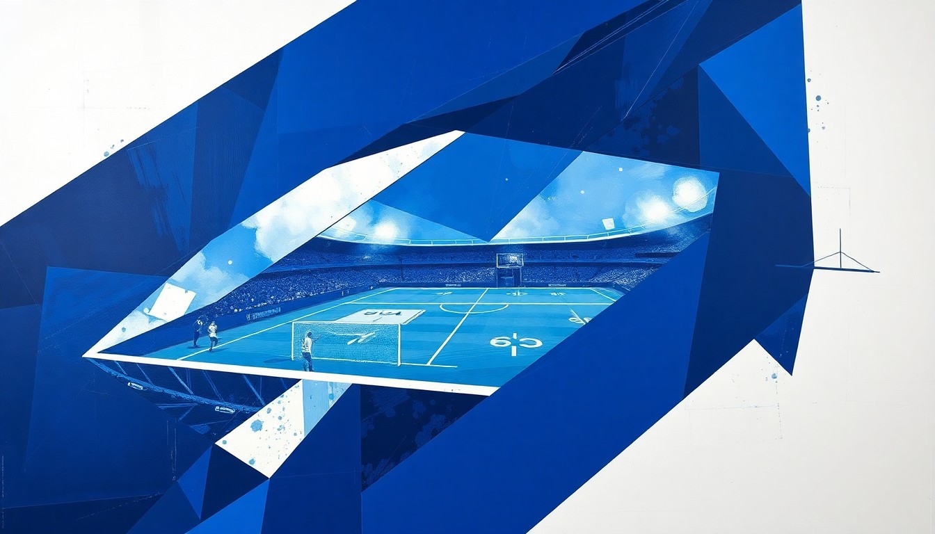 A fractured, cubist-style painting depicting the chaotic action of a football game, with players and the field broken down into sharp, overlapping geometric shapes in shades of blue and white, conveying the intensity of the upcoming position battles for the Bills.